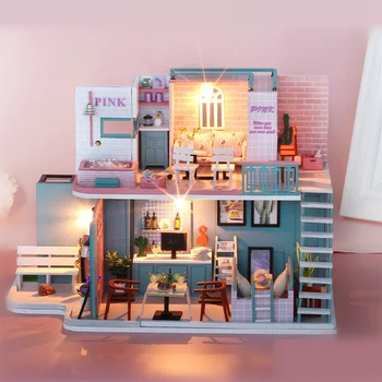 DIY din Lemn in Miniatura Casa Papusa Roz Cafenea, Magazin de Cafea Serie Asamblate manual Jucărie Cu Mobilier Kit Pentru Copii Cadouri