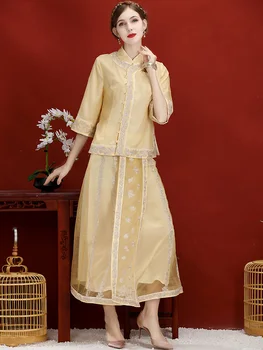 Primăvara Și Vara Chineză Stil de sex Feminin Costum din Două Piese Organza Brodat Retro Camasa Eleganta de Sus + Floral Jumătate Fusta S-2XL