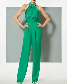 Halat de soriee Moda Verde Salopeta Halter ștrasuri din Mărgele Femei Pantaloni Costum de Logodna Rochii de Seara Personalizate Rochie de Bal fara Spate