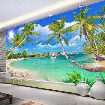 Personalizat 3 d foto tapet, picturi murale 3D tapet Plaja copac valuri gazon calea pescarusi personalizate 3d tapet Decor Acasă