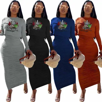 En-gros de produse în Vrac Multe Femei Trening cu Maneca Lunga Crăciun Print Crop Top+drapat Bodycon Pachet Șold Fuste 2 Seturi de Piese