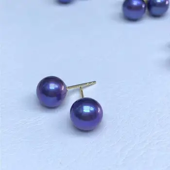 Bijuterii Fine Pur Aur 18 K Natural de Apă dulce Violet 7-8mm Runda Pearl Cercei pentru Femeile Bine Pearl Cercei