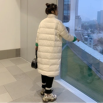 2019 Ultra-Ușor, În Jos Jachete Femei De Iarnă Overknee Haină Lungă Pierde Cusaturi Bej Verde Windproof Fermoar Harajuku Palton L41