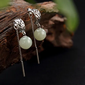 Naturale jad alb rotund cercei argint 925 gravat farmec jadeit bijuterii de moda pentru femei cadouri bijuterii cercei perla
