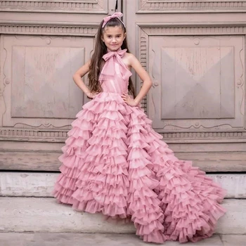 Moda Roz Inchis Niveluri Arcul Concurs De Nunta Rochii Fete Cu Flori De Ziua Halat De Demoiselle Printesa Prima Împărtășanie