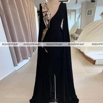 Negru Timp De Noapte Femei Formale Rochiile Cu Maneci Lungi De Aur Sequin Mare Fantă Front Saudită Stil De Seara Etaj Lungime Rochii 2021