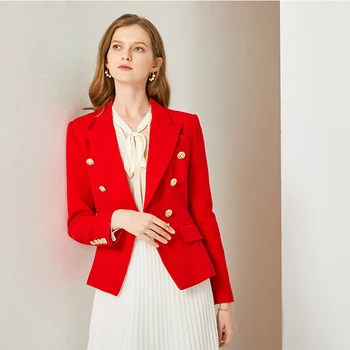 Design clasic popular European High Street Style Femei Slim Red Blazer Butoane Metalice Crestate Moda Sacouri de Înaltă Calitate