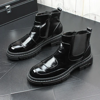 Bărbați moda petrecere club de noapte poarte chelsea cizme negre din piele de brevet pantofi slip-on platforma cizme de cowboy glezna botas hombre zapato