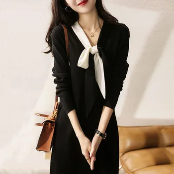 Moda pentru femei Negru Rochie de Primavara-Noua Culoare Solidă la Mijlocul fusta Talie Mare, Temperament Stil coreean Liber Feminin Elegant Vestidos