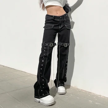 Darlingaga Mall Goth Punk Grunge Stil Cargo Pantaloni Blugi Joase Femei Streetwear Ochi Lanț De Pantaloni Din Denim Inchis Mediul Academic Noi