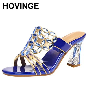 HOVINGEWomen Sandale cu Toc 2021 Papuci de Vară Gol Afară de Cristal Pompe de Moda Diamant Pantofi de Piele de 7,5 CM Și 2 CM