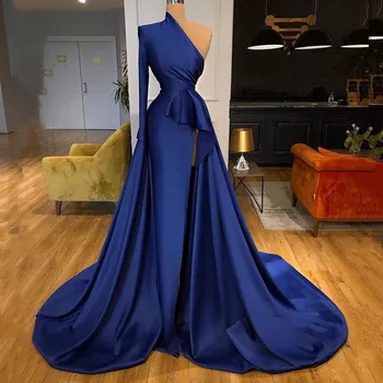 Elegant Satin Rochie De Seară Un Umar Albastru 2021 Elegant A-Line Femei Rochie De Bal Mâneci Lungi Side Split Încreți Robe De Soirée