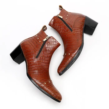 Cizme de Cowboy Barbati Tocuri inalte 6.8 cm Negru Moale din Piele Glezna Cizme Toc Gros Pantofi pentru Bărbați Zapatos Hombre Fermoar Om Cizme