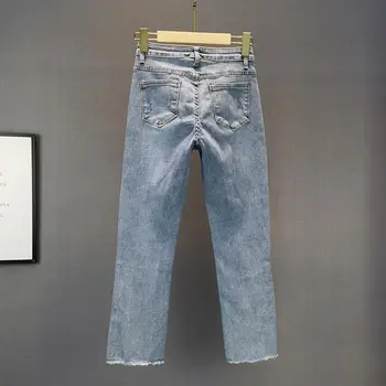 Blugi pentru Femei 2021 Primavara-Vara Noi de Înaltă Talie Subțire Trunchiate Pantaloni Drepte Fierbinte Foraj Spălat Vintage Denim Jean Pantaloni Albastru