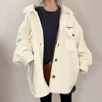Moda De Lână De Miel Toamna Haina De Iarna Pentru Femei Jacheta Fleece Shaggy Caldă Simplă Scrisoare Jacheta Palton Singur Cu Pieptul Alb Uza