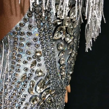 Plasă De Tifon Argint Franjuri Strasuri Rochie Mini Strălucitor Costum Pentru Femei Club De Noapte Tinuta De Petrecere De Seara, Costum De Performanță Costum