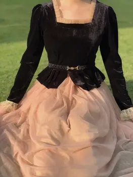Franceză Rochie Retro Curtea Stil Catifea Ochiurilor Fusta de Balet Solidă Maneca Lunga Centura medieval Etaj Fusta elegant vestidos Femme 2021