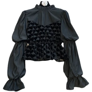 Toamna Noi Top Dulce Ciufulit Guler Minunat Flocking Împletit Puff Sleeve Shirt Doamnelor Negru Bluze Toate-Meci De Femei De Îmbrăcăminte