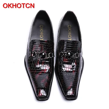 OKHOTCN 2018 Nou, de culoare bordo din piele relief afaceri pentru barbati pantofi de crocodil de cereale pantofi slip-on deget de la picior pătrat de sex masculin pantofi de partid