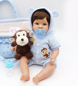 Bebe renăscut silicon păpuși, jucării 42cm renăscut baby boy cu albastru de dormit coș maimuță de pluș copil ziua de nastere cadou jucarii