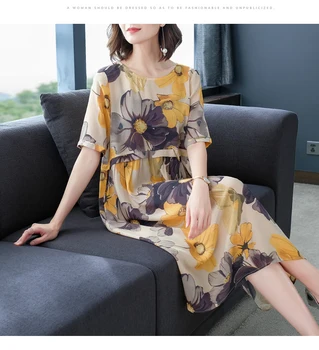 Mid-lungime rochie de simulare de mătase de sex feminin 2019 vară liber de mari dimensiuni de imprimare de moda galben simplu generos vestidos D317