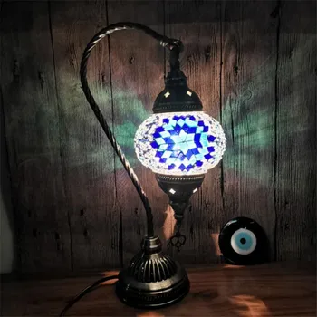 Vintage Bohemia Albastru Lampa de Masa lucrate Manual, Colorate de Sticlă Lectură Led Lumina de Noapte pentru Foaier, Bar, Restaurant Dormitor H 30cm 1166