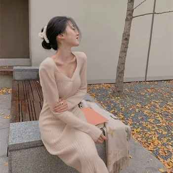 Vintage Bodycon Rochie Tricotata Midi Sexy Si Elegante Coreean Maneca Lunga De Pe Umăr Petrecere Vestido Para Mujer Halat Femme Toamna X29