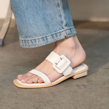 Piele naturala sandale Exterior Slide-uri de Femei Sandale Flats toc Pătrat Concis Femei Pantofi pentru Femei de Moda Moderne, papuci de casă catâr