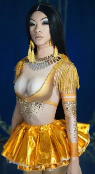 Femei Sexy Pietre De Aur Ciucure Rochie Tutu Bodysuit Scena De Dans Purta Tricou Costum Cantareata De Performanță Întinde Tinuta
