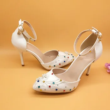 Dantelă albă Floare pantofi de nunta cu saci de potrivire mireasa tocuri inalte Pene Pompe Doamnelor Petrecere de pantofi și geantă de set curea Glezna pantofi