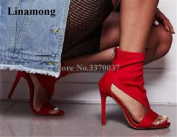 Linamong de Moda pentru Femei sandale Piele Intoarsa Sandale cu Toc Subțire Cut-out Înapoi de închidere cu Fermoar-Roșu Sandale Negre cu Toc Înalt Pantofi Rochie