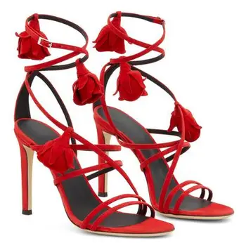 Moraima Snc Roma Stil de Pantofi cu Toc Sexy sandale piele de Căprioară Roșie Floare Trandafir Decoratiuni Sandale din Dantela-up Decupaje Tocuri
