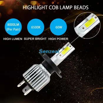 Senzeal 2 buc Super-Luminos H4 Far cu LED-uri Becuri de 60W 8000LM 6500K COB Chips-uri H4 Masina Faruri cu LED-uri Bec timp de Zi Lumini