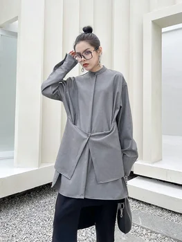 Bluze Femei 2021 Nou Toamna Tricou Cu Maneci Lungi, Neregulate Design Haina Gri Top Chic