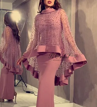 PEORCHI Satin Dubai Rochie de Seara Cu Capul Perle Elegant Halat Simpla De La Mariee Glamour Femei Partid Rochie Formale 2019 Lux