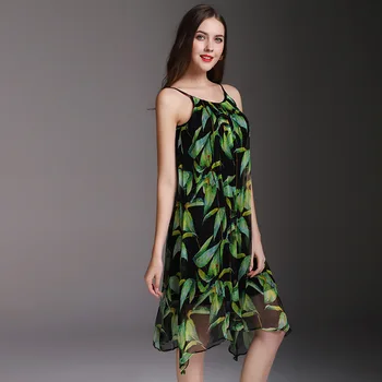 Mătase florale, plus dimensiunii vară sling rochie curea femei s-sexy club retro rochii de plajă negru cu verde copac cu flori vrac elegant