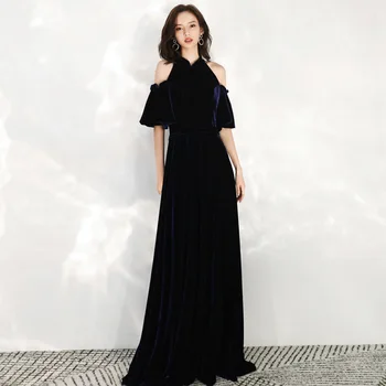 O Linie VELUR Roua Umăr Căpăstru Etaj Lungime Rochie de Seara pentru Femei Elegant Bleumarin cu Mâneci Scurte 2021 Nou Design de Moda Rochie