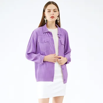 Plus Dimensiune Bluza Pentru Femei 45-75 kg Toamna anului 2020 Nou Elastic Miyake Cutat Rândul său, în Jos Guler cu Mâneci Lungi Culoare Solidă Tricou Violet