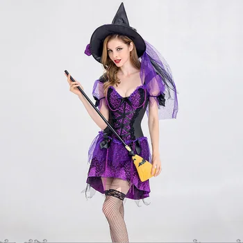 Violet Adult Deluxe Vrăjitoare Sexy Costum De Bal Mascat Vrăjitoare De Magie Rochie Fancy Pălărie Victorian Costume De Halloween Pentru Femei