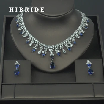 HIBRIDE Clar Și Albastru Forma de Picătură de Apă Micro Cubic Zirconia Femei Seturi de Bijuterii de Nunta de Mireasa Cercei Colier Seturi Cadou N-307