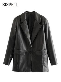 SISPELL coreeană de Moda Sacou Negru Pentru Femei Crestate Guler Maneca Lunga Solid PU Jachete de Piele de sex Feminin de Îmbrăcăminte Stil Nou 2022