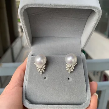 12MM naturale south sea pearl stud cercel aur alb 18K cu diamante veritabile bijuterii de lux femei frumoase bijuterii transport gratuit