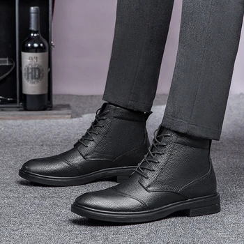 Brand de lux Barbati din Piele Glezna Cizme de Mens de Iarna cu Blana Caldă Pantofi de Top de Mare Concis Casual Negru Elegant de Afaceri de Boot
