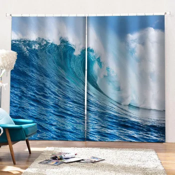 De lux Opace 3D Fereastră Perdele Pentru Camera de zi Dormitor valurile albastre perdele Groase de umbrire izolate fonic windproof cortina