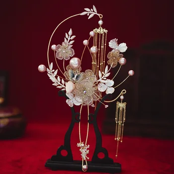 HIMSTORY mai Nou Designer Chinez de Mireasa Fan Buchet Ciucuri de Aur lucrate Manual din Metal Rotund Fan Flori Artificiale Accesorii de Nunta
