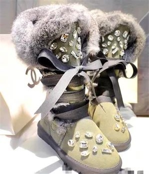 Piele stras blana de iepure bretele genunchi cizme de zapada mare tub de dantele de bumbac pentru femei pantofi cizme