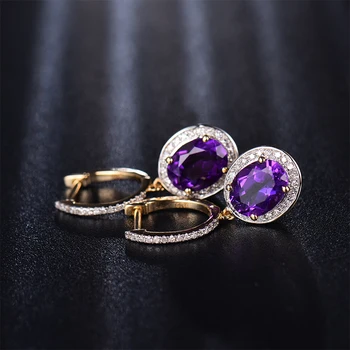 LOVERJEWELRY Doamna Cercel Naturale Ovale 7x9mm 3.75 Ct Violet Ametist Masiv de 14K Aur Galben cu Diamante Hoop Cercei Pentru Femei