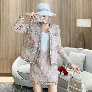 Noua Toamna-Iarna Moda Margele Diamante de Lână Sacou de Tweed Coat + Talie Inalta Fusta Eleganta pentru Femei Haine 2 Buc Set