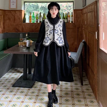 Primavara toamna femei versiunea coreeană retro vesta tricotate cardigan + frunze de lotus guler rochie cu mâneci lungi slim două piese costum 33