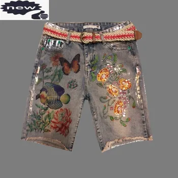 Vintage Florale Imprimate Femei Denim Lungime Genunchi Casual Slim Vara Pantaloni Scurti Streetwear Ciucuri Drepte Blugi Pantaloni Scurți